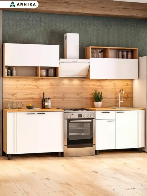 Кухонный гарнитур "Монако" (2м) (Серия 2) Дуб Золотой/Белый матовый/Дуб Вотан